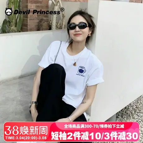 简约风百搭白色正肩t恤女短袖设计感小众宽松纯棉打底衫半袖上衣商品大图