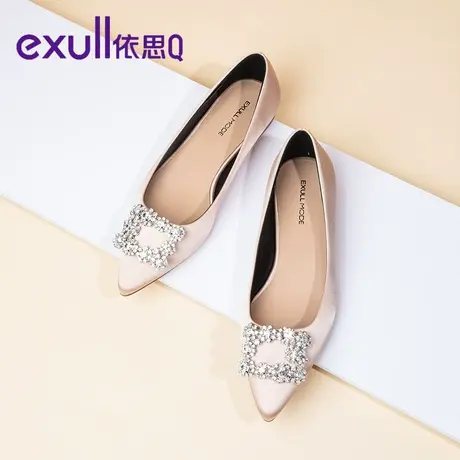 【商场同款】依思q尖头单鞋女水钻方扣平底鞋绸缎伴娘鞋日常可穿商品大图