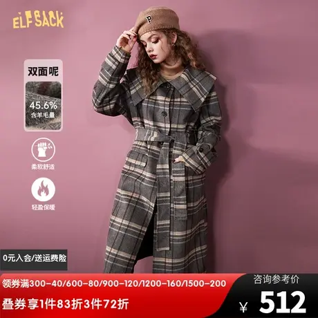妖精的口袋翻领格纹毛呢大衣女2022秋冬新款复古加厚长款呢子外套图片