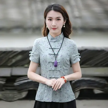 筠雅唐装中国风上衣旗袍式上衣女夏短袖时尚复古茶人服装中式女装图片