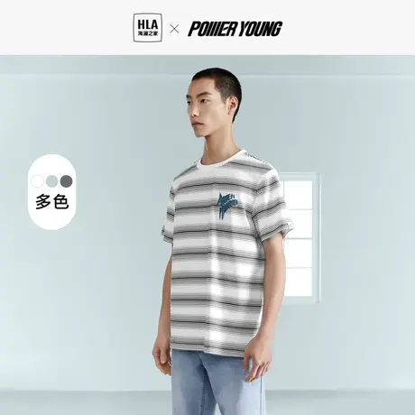HLA/海澜之家POWER YOUNG短袖T恤23夏新款圆领棉盖丝印花条纹t男商品大图