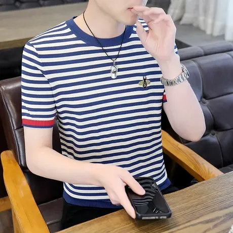 夏季薄款冰丝短袖t恤男潮牌3D刺绣针织半袖夏装上衣高端男士体恤商品大图