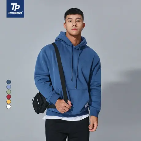 TOMATOPAPA冬季原创多色绒底卫衣男加绒保暖时尚简约纯色连帽衫商品大图