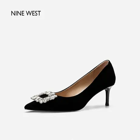 Nine West/玖熙高跟鞋女2023年新款方扣闪钻优雅羊反绒通勤单鞋女商品大图