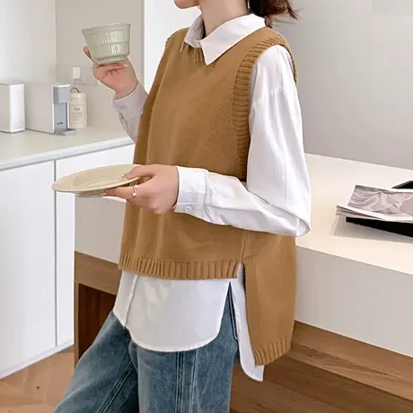 叠穿洋气不对称针织背心马甲女春秋圆领设计感宽松外搭坎肩上衣潮商品大图