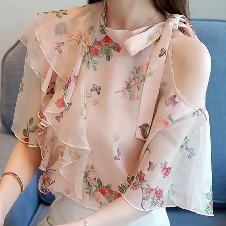 【换购10】雪纺衫女短袖新款夏韩版洋气超仙露肩系带小衫荷叶边图片