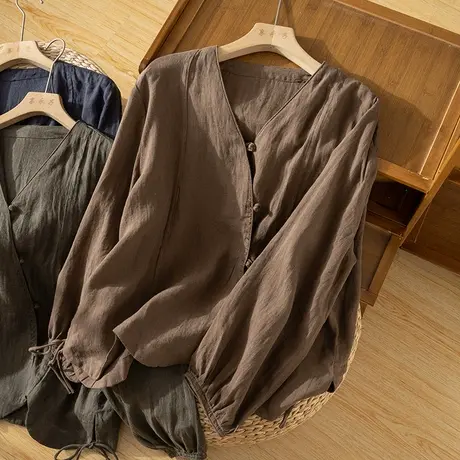 享永子砂洗亚麻上衣女文艺复古小众设计休闲茶服衬衫2023秋季新款商品大图