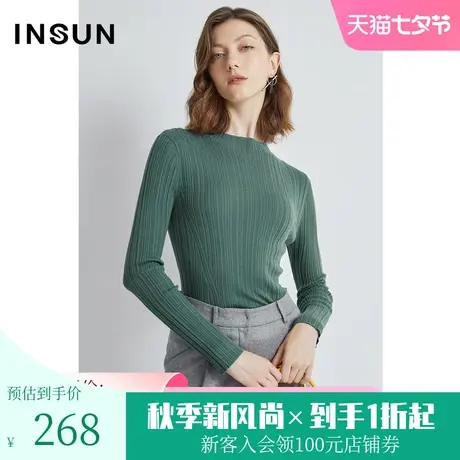 恩裳商场同款春季时尚圆领长袖竖纹全羊毛修身套头针织衫女图片