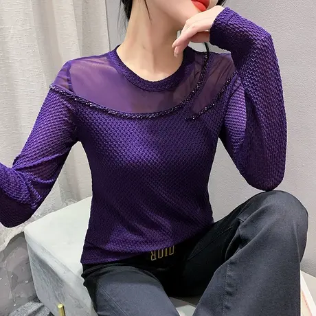 时尚钉珠蕾丝上衣女长袖2023秋装新款网纱拼接打底衫内搭圆领T恤图片