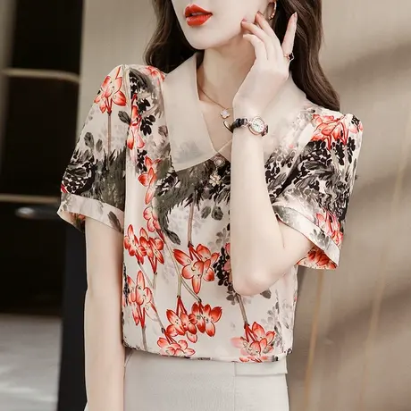 碎花短袖雪纺衬衫女士夏季2023新款娃娃领上衣设计感小众洋气减龄图片