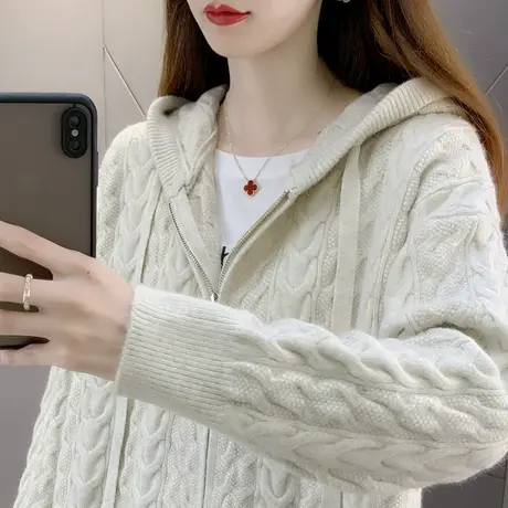 秋季新款2023年针织连帽衫宽松韩版爆款外套麻花开衫女士上衣外搭商品大图