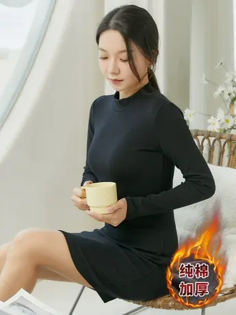 纯棉加厚半高领长袖连衣裙女黑色秋冬显瘦中长裙衬裙百搭性感内搭图片