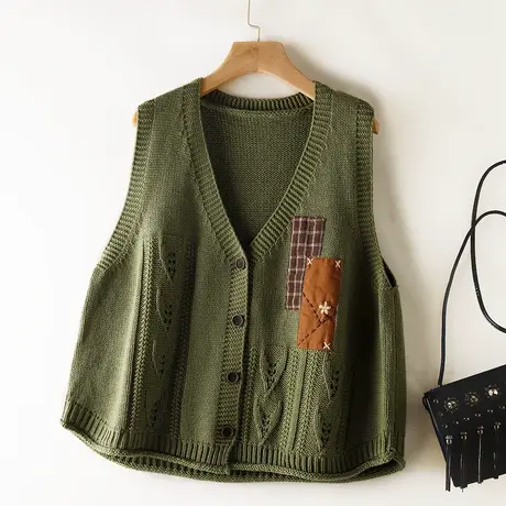 纯色针织背心马甲女新款2022秋冬外穿开衫V领单排扣宽松无袖坎肩图片