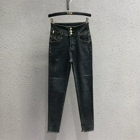 港味潮复古小脚紧身裤2023秋季新款深蓝高腰显瘦牛仔九分铅笔裤女图片