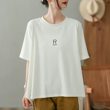 dza字母纯棉短袖T恤女2023夏季薄款圆领打底体恤宽松显瘦套头上衣商品大图