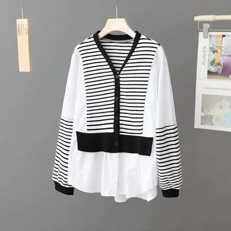 条纹拼接长袖衬衫女春装2023年新款韩版V领假两件衬衣设计感上衣图片