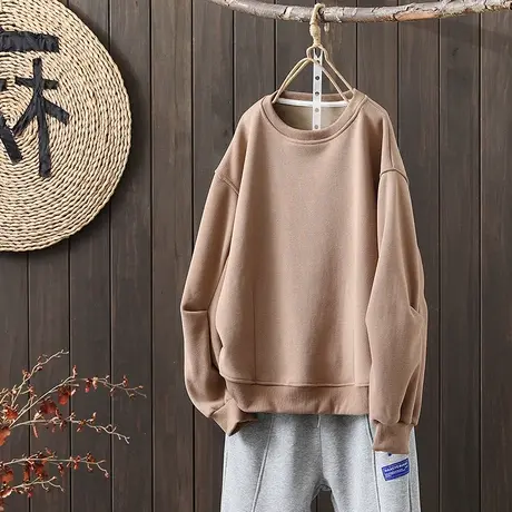 枫谜2022年冬季新款设计感纯色圆领休闲百搭显瘦宽松加绒卫衣女图片