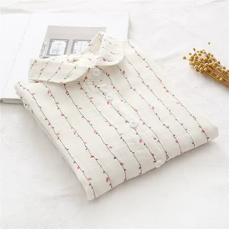 春秋新款日系双层棉纱长袖衬衫女士韩版印花文艺碎花纯棉柔软衬衣商品大图