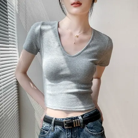美式复古深V领短袖T恤女2023夏季新款性感露脐显瘦正肩短款上衣商品大图