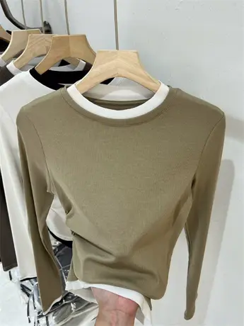 螺纹圆领撞色T恤弹力修身长袖女2023早秋新款上衣软糯针织打底衫图片