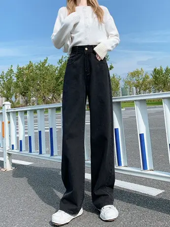 薄款小个子2023年新款灰黑色高腰阔腿牛仔裤女春秋裤子宽松直筒裤图片