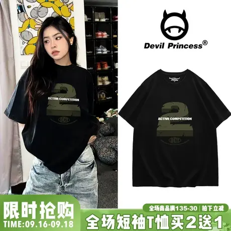 vintage复古风大版宽松黑色T恤女2023夏季新款街头风显瘦正肩上衣商品大图