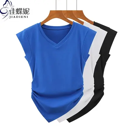 夏季新款韩版V领中长款修身纯棉不规则褶皱短袖体恤上衣内搭女装商品大图