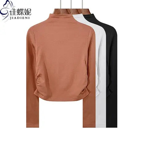 早秋新款半高领修身短款褶皱纯棉纯色显瘦长袖体恤上衣女打底衫图片