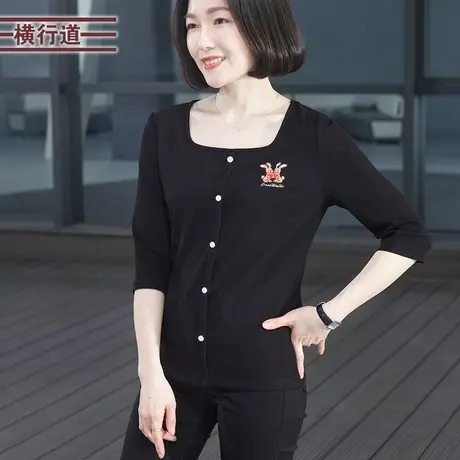 2023秋季新款方领绣花排扣中袖T恤女纯色简约大码妈妈装外穿上衣商品大图