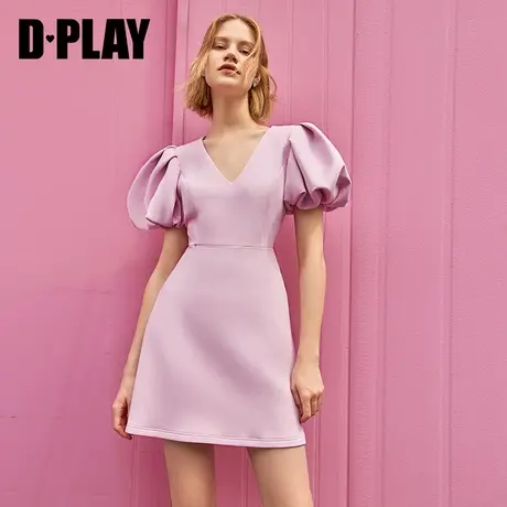 DPLAY德帕拉夏季新款温柔樱花粉V领短款连衣裙收腰气质A摆裙图片