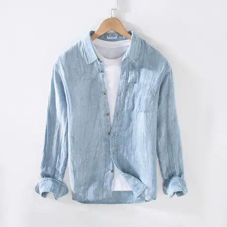 亚麻长袖衬衫男春秋季宽松棉麻上衣百搭男士白色衬衣休闲外套潮流商品大图