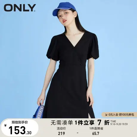ONLY奥莱夏季气质V领泡泡袖收腰开叉下摆连衣裙女图片