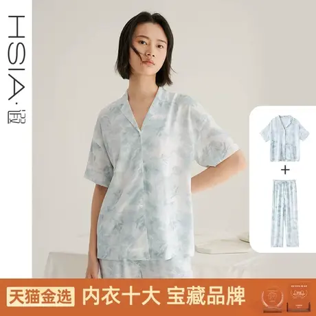 HSIA遐睡衣女夏季新款水墨画印花翻领短袖中腰长裤宽松家居服套装商品大图