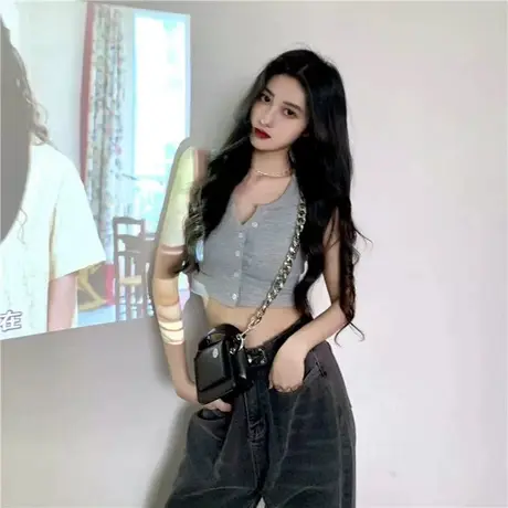 灰色短款背心女夏季修身外穿露脐小吊带显瘦无袖紧身打底上衣内搭商品大图