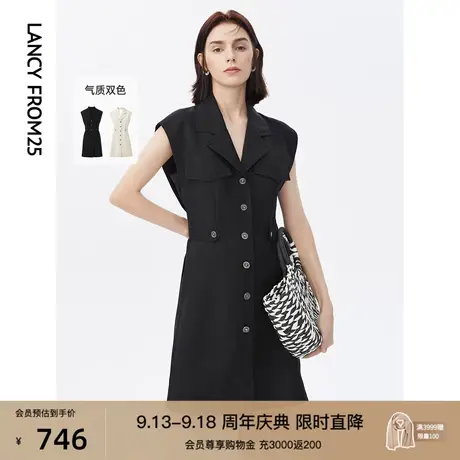 朗姿法式工装风气质收腰无袖休闲黑色西装连衣裙夏季新款裙子女商品大图
