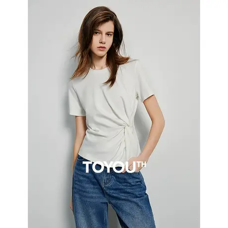 TOYOUTH初语扭结不规则T恤女2024年春季新款别致圆领气质短袖上衣图片
