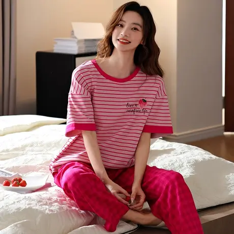 婷美睡衣女纯棉短袖长裤夏季简约条纹外出夏天新款家居服套装商品大图