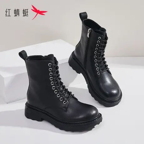 红蜻蜓女士马丁靴2023秋季新款圆头黑色中筒靴英伦风厚底靴子商品大图