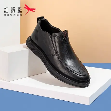 红蜻蜓男鞋2023年冬季休闲皮鞋男士一脚蹬软底黑色加绒保暖爸爸鞋商品大图