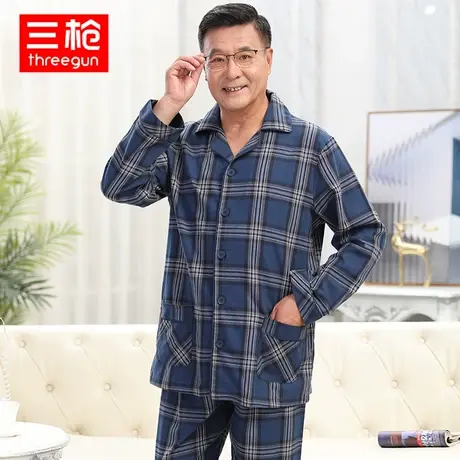 三枪家居服中老年纯棉男秋冬格子绒布翻领扣子宽松薄款爸爸睡衣裤商品大图