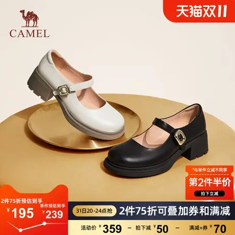 骆驼女鞋2023年秋季新款牛皮玛丽珍jk小皮鞋浅口真皮粗跟单鞋女图片