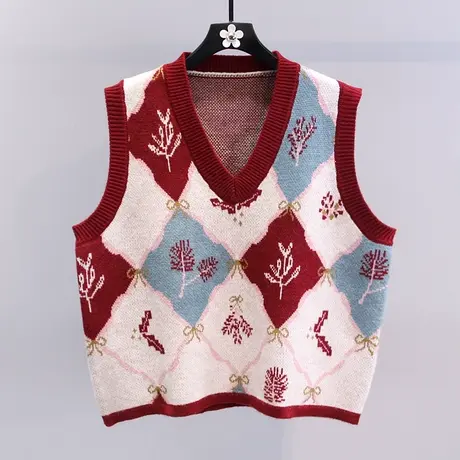 新年红色格子V领针织马甲女秋冬2023年新款复古宽松无袖毛衣背心图片