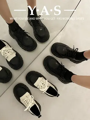 复古英伦风小皮鞋女春季2024新款百搭厚底增高单鞋系带拼色乐福鞋商品大图