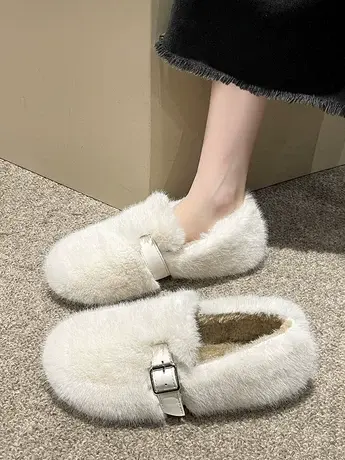 毛毛鞋女冬外穿厚底加绒水貂毛一脚蹬豆豆鞋保暖仙女孕妇棉瓢单鞋图片