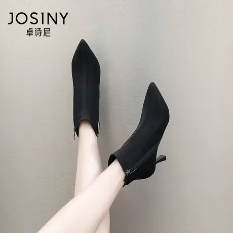 卓诗尼2023冬季新款尖头加绒时装鞋侧拉链短筒靴时尚舒适高跟女靴商品大图
