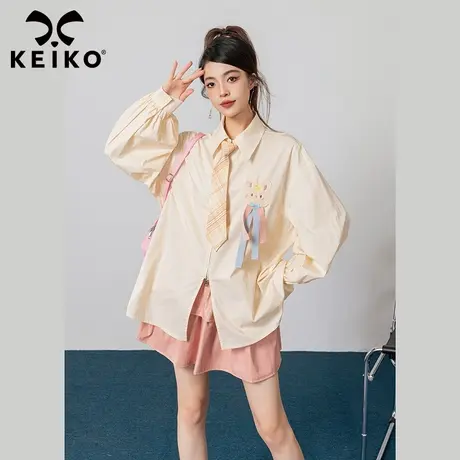KEIKO 少年感小熊绣花泡泡袖衬衫2023秋季学院慵懒风显瘦宽松上衣图片