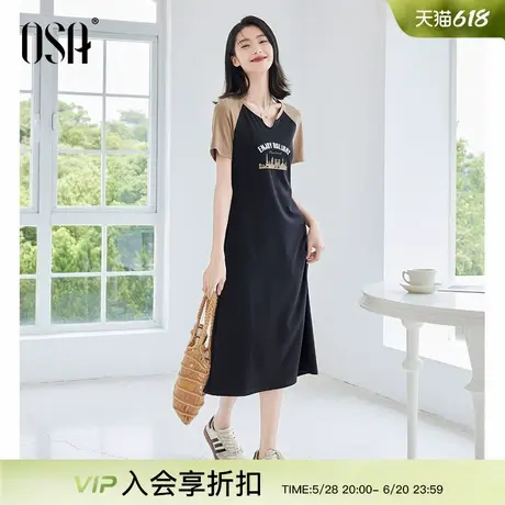 OSA欧莎美式复古插肩袖t恤连衣裙女夏季新款修身显瘦开衩T恤裙子图片