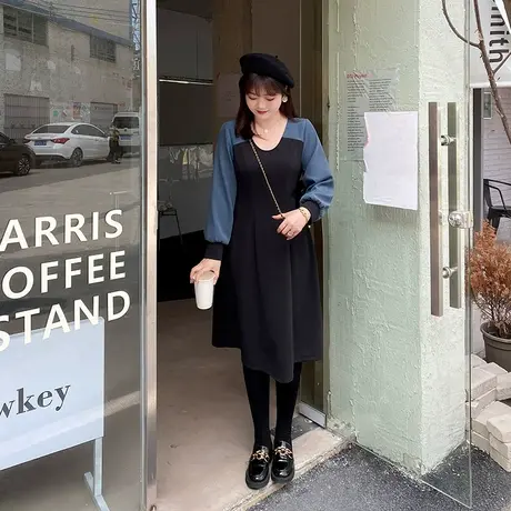绮娑大码女装2023秋新款法式遮肉显瘦气质胖MM连衣裙过膝中长款图片
