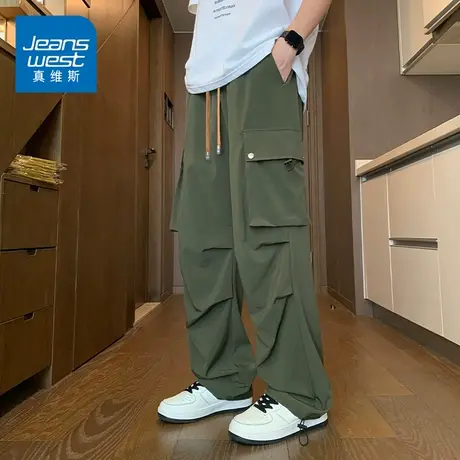 KZH真维斯冰丝工装裤男夏季薄款宽松直筒裤拼接阔腿伞兵休闲长裤商品大图