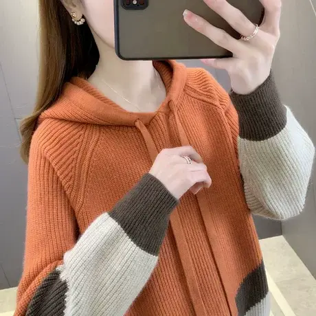 冬季女士连帽毛衣加厚2023年新款宽松外穿洋气秋冬拼色针织衫上衣图片